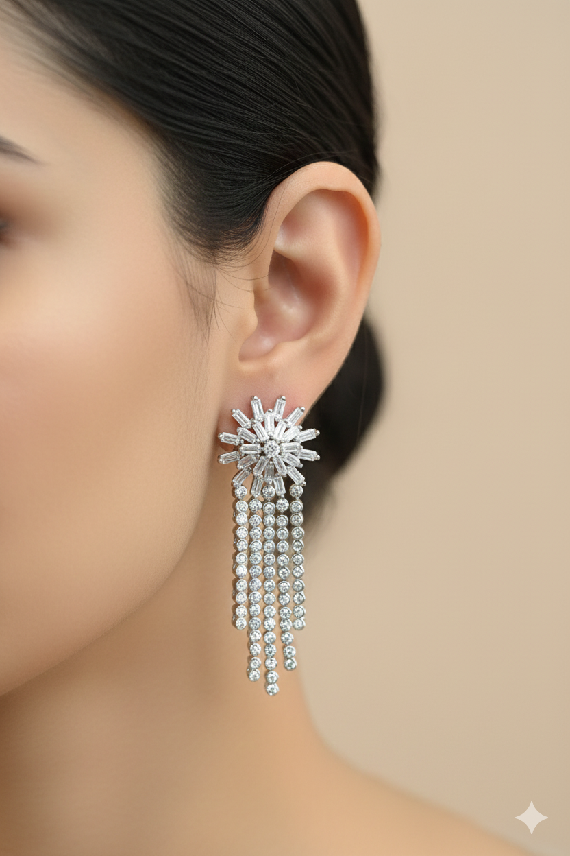 925 Sterling Silver Diamond Fringe Drop Earrings for Women