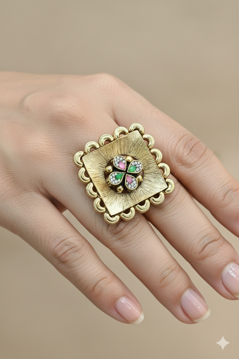 Women’s 925 Sterling Silver Gold-Plated Kundan Ring – Classic Ethnic Design