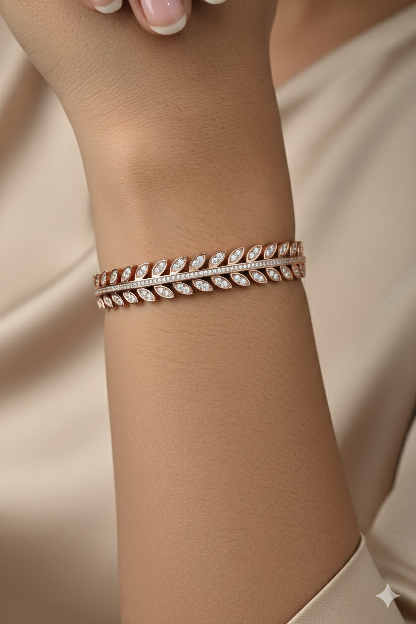 925 Sterling Silver Women’s Oval Kada Bracelet in Rose Gold with Diamond Accents