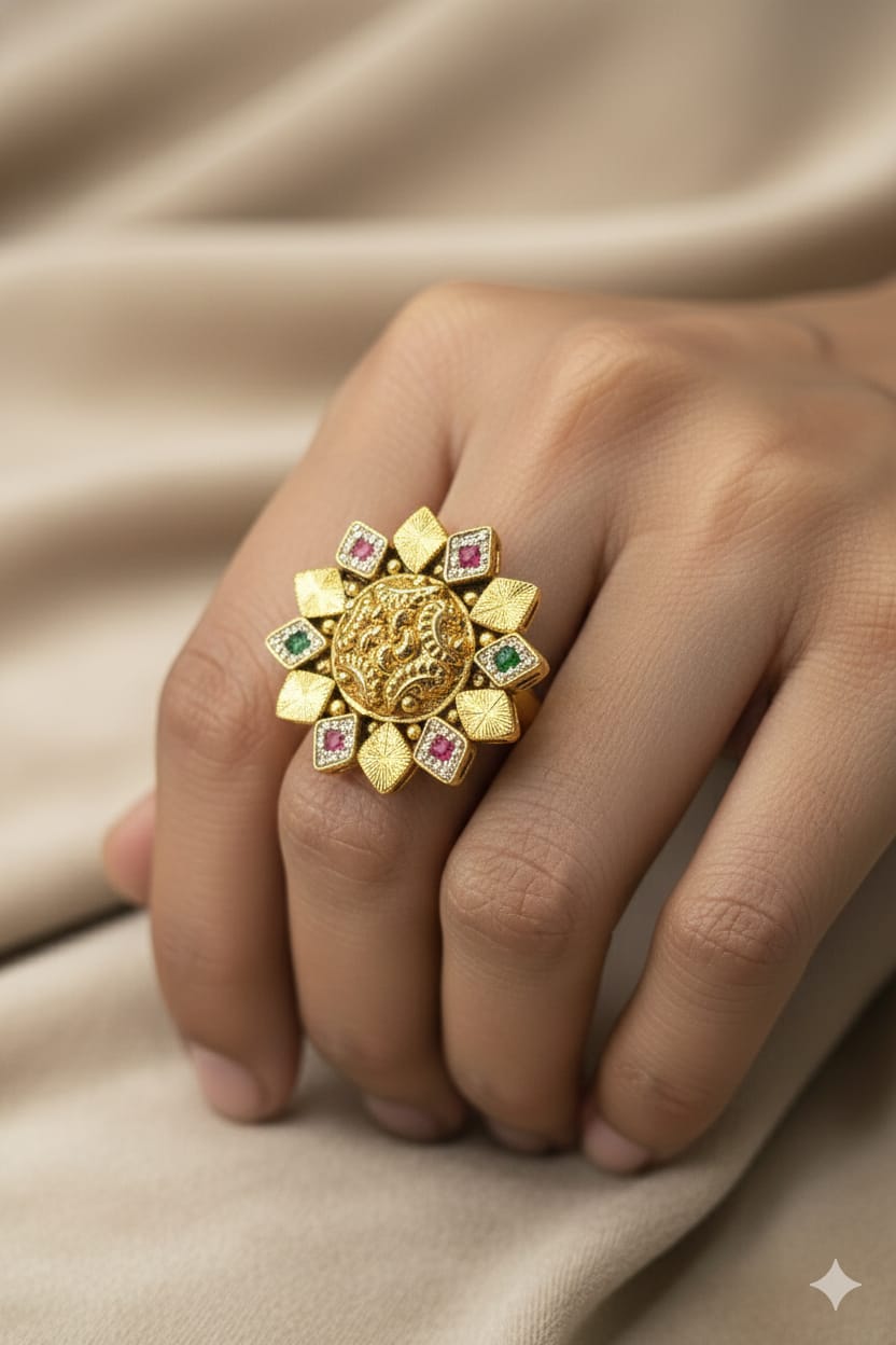 Traditional Kundan Gold Finish Ring for Women | 925 Sterling Silver Jewellery