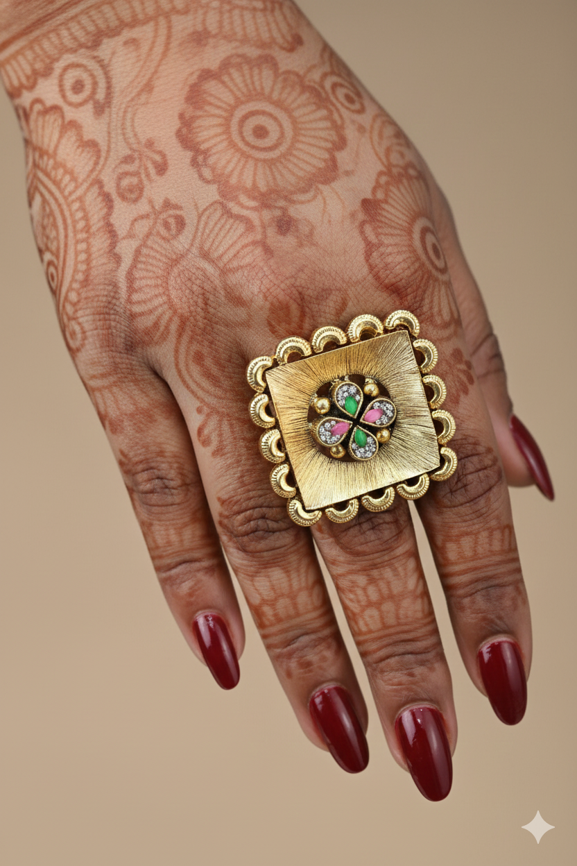 Women’s 925 Sterling Silver Gold-Plated Kundan Ring – Classic Ethnic Design